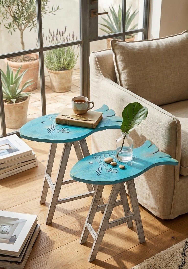 Nautical Nested Side Tables – Fish-Shaped Accent Trio (Set of 2)