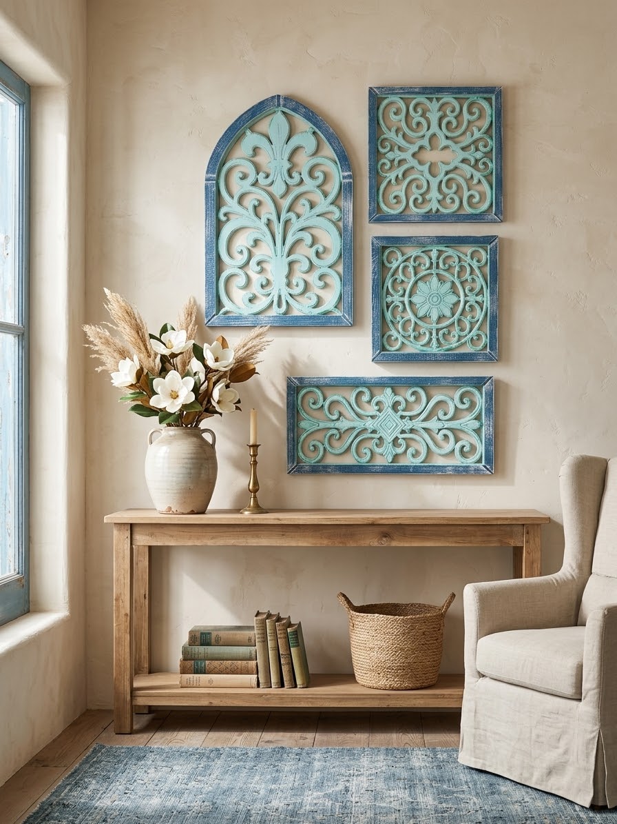 Hand-Carved Wooden Scrollwork Wall Art Set of 4
