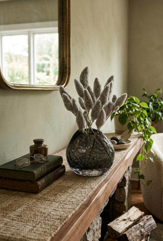 Crackle-Glass "Orb" Vase with Soft Silver-Grey Reeds