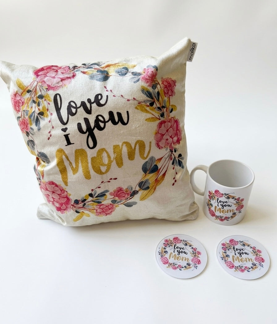 Mother’s Day Floral Gift Set – Cushion, Mug, & Coasters