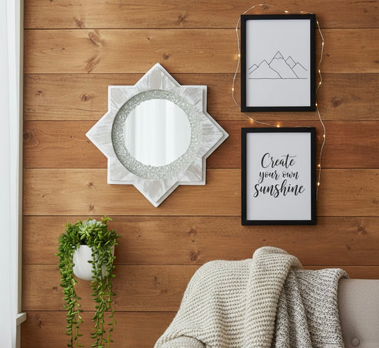 Sunburst Reflective Decor: 16" Distressed Wall Mirror