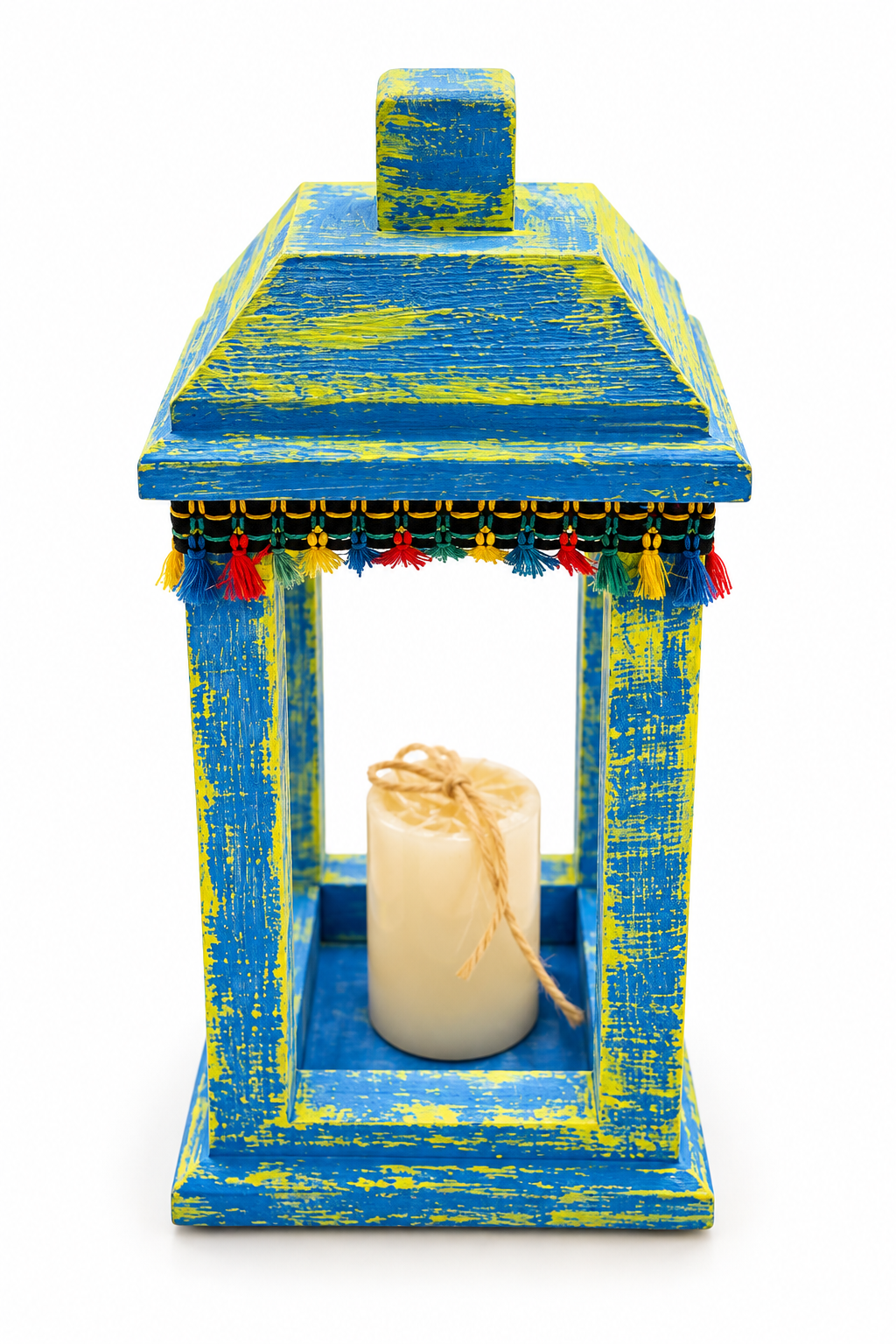 Joyful Heritage Lantern – Distressed  Wood Decor with Colorful Trim