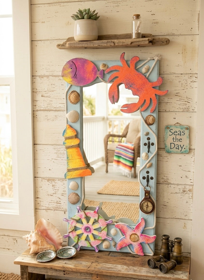 Coastal Breeze Nautical Mirror with Sea-Life Accents (70x35 cm)