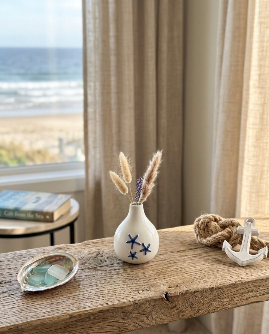 Ceramic Starfish Bud Vase with Blue Coastal Design