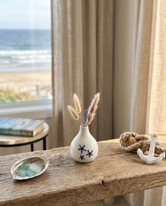 Ceramic Starfish Bud Vase with Blue Coastal Design