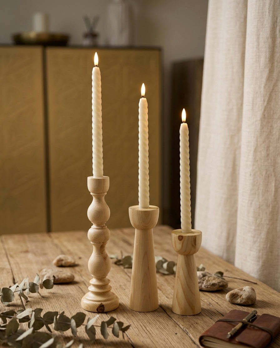Hand-Turned Natural Pine Taper Candle Holders - Set of 3