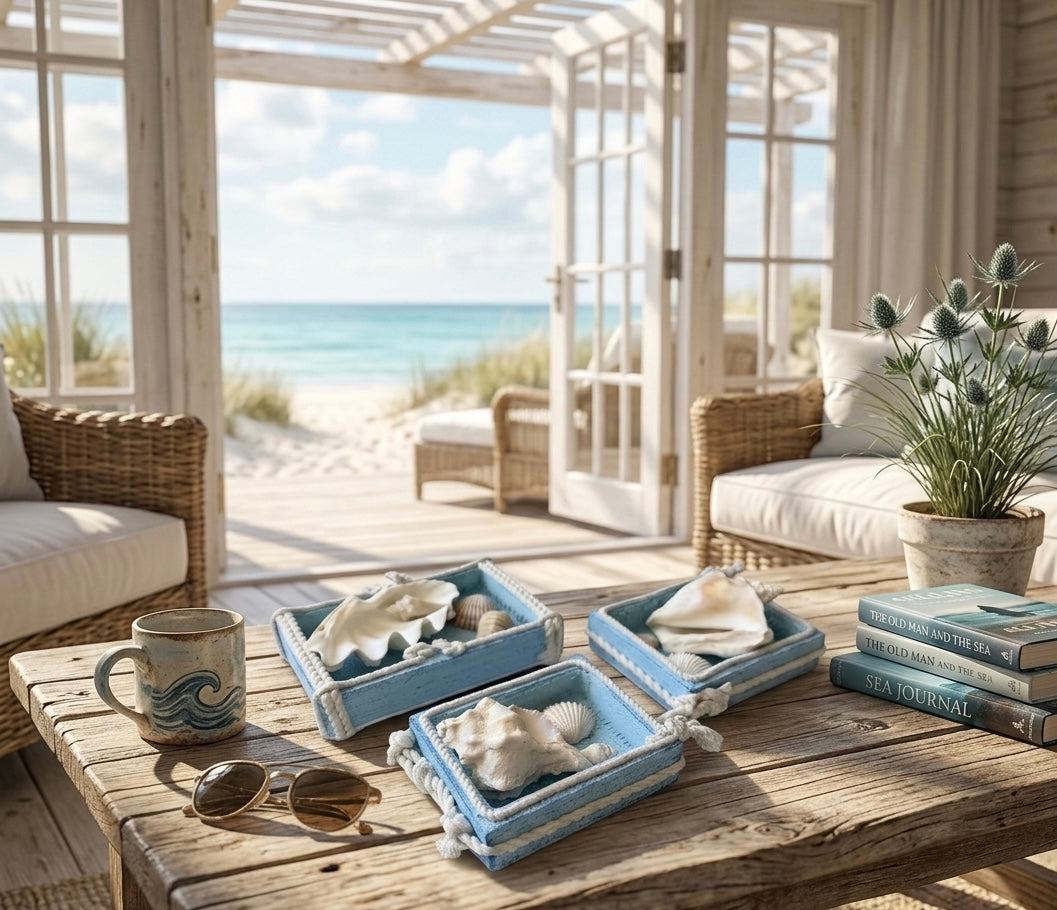Ocean Breeze Coastal Wooden Shadow Boxes with Natural Seashells – Set of 3