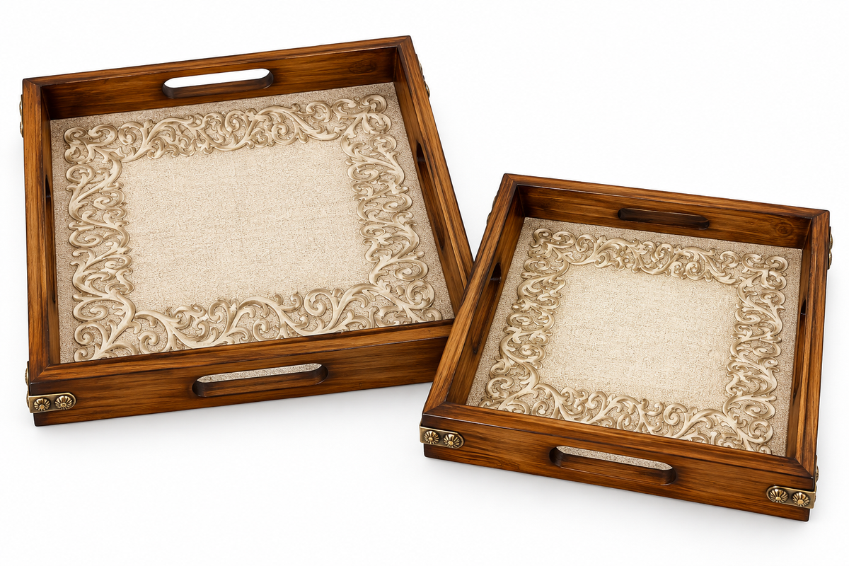 Heritage Carved Wooden Serving Tray Set