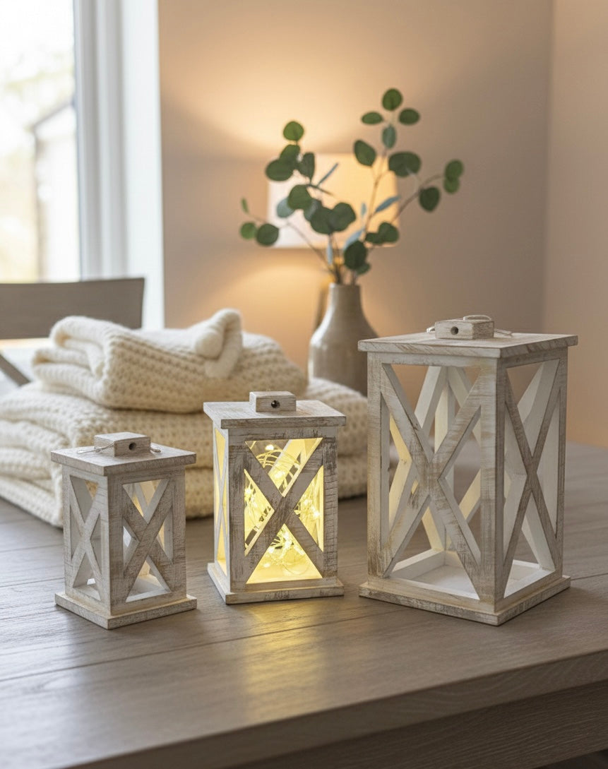 Hand-Finished Wooden Lantern Set with Fairy Lights