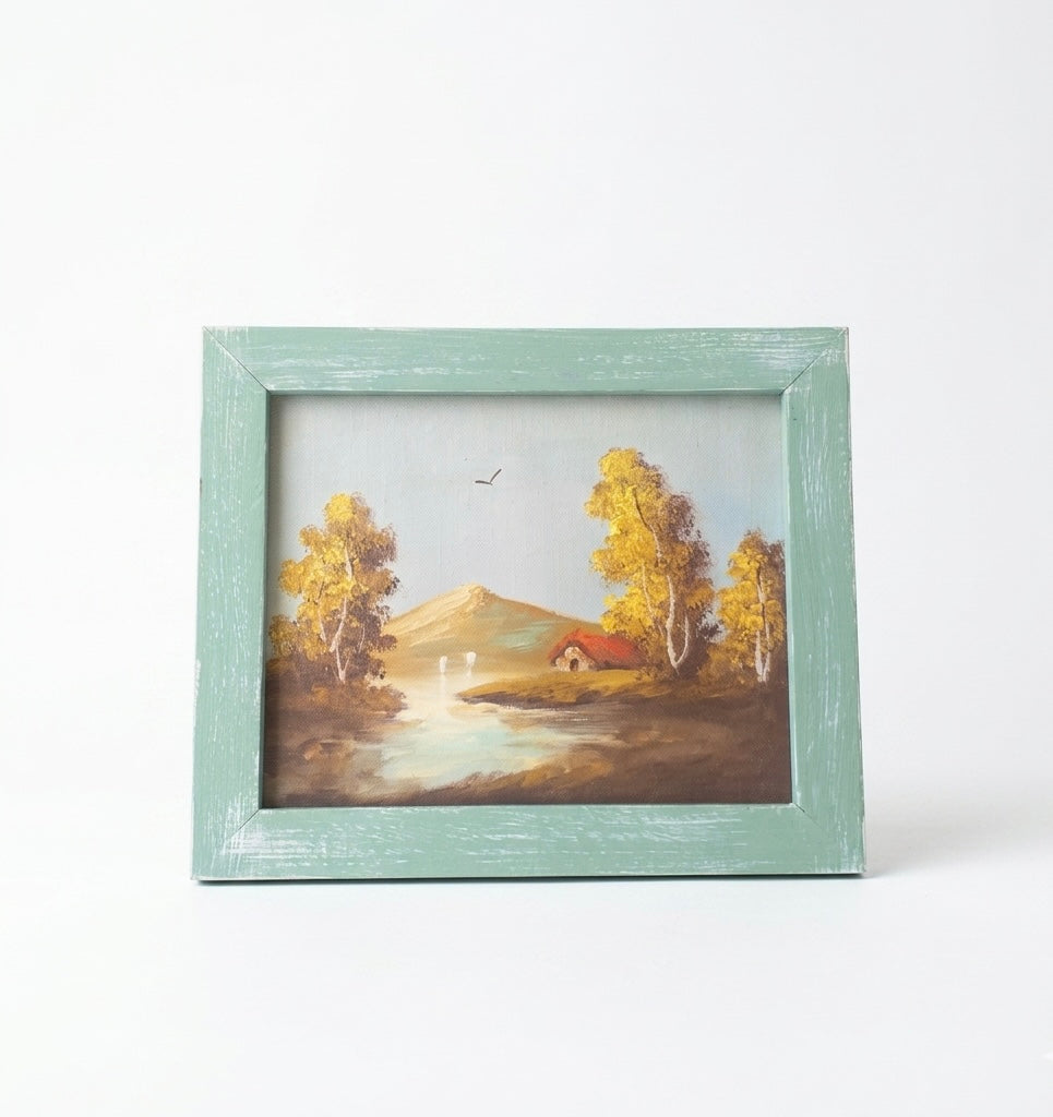 Vintage Countryside Oil Painting with Distressed Green Frame