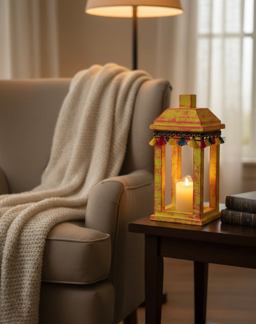 Joyful Heritage Lantern – Distressed  Wood Decor with Colorful Trim