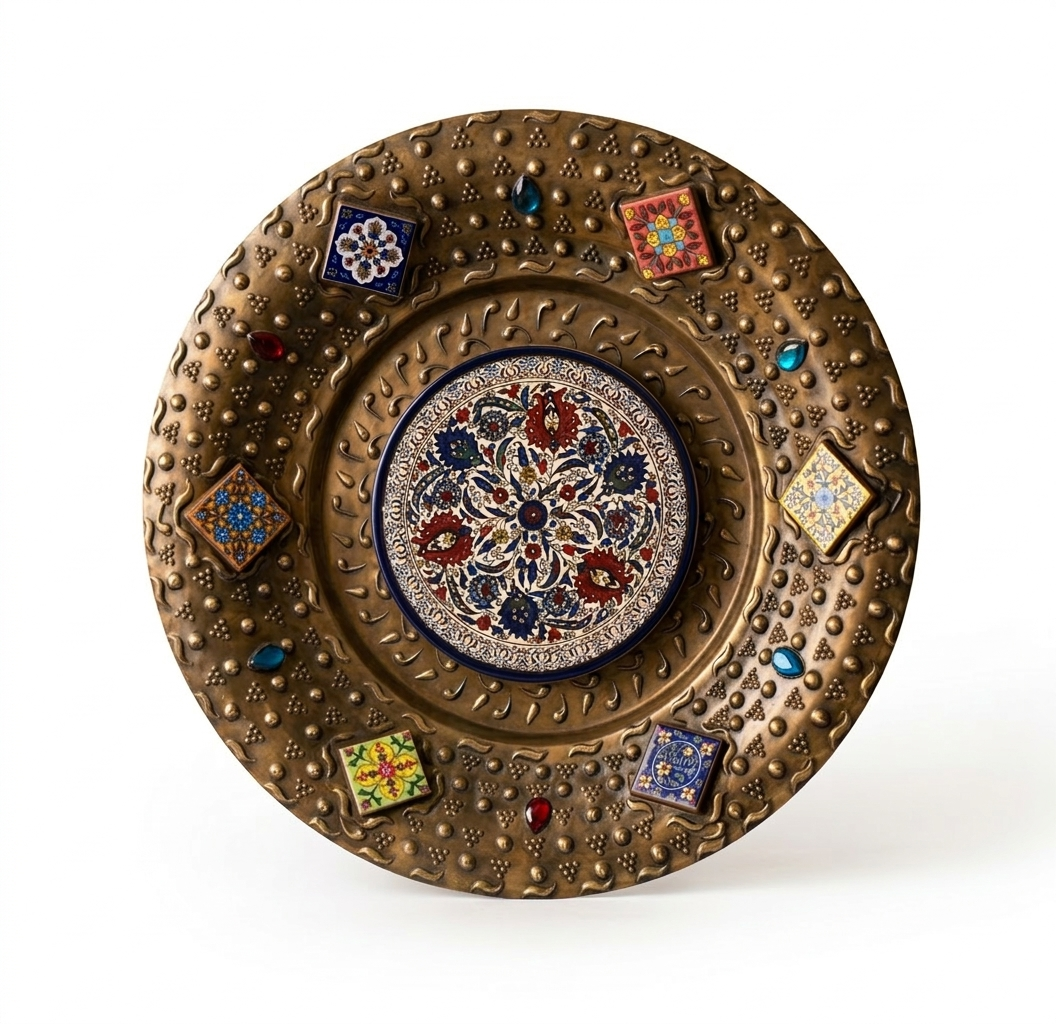 Handcrafted Copper Wall Plate with Mosaic Tiles and Gemstone Accents