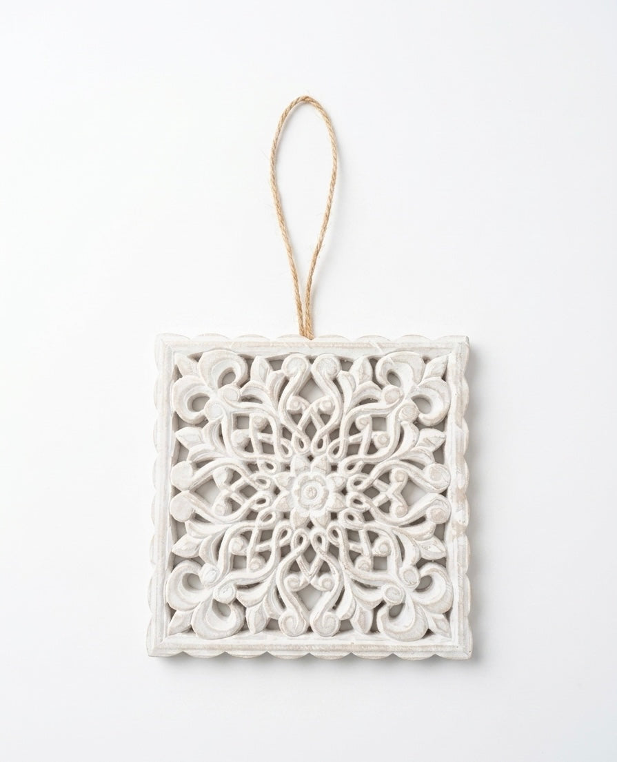 Hand-Carved Distressed White Wall Medallion