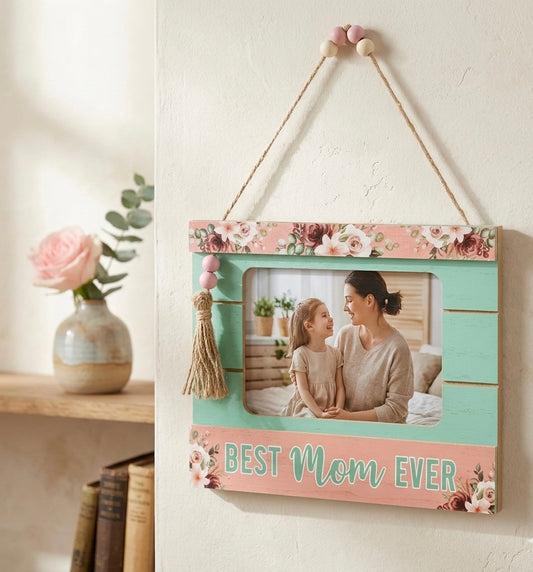 Floral "Best Mom Ever" Shiplap Hanging Photo Frame