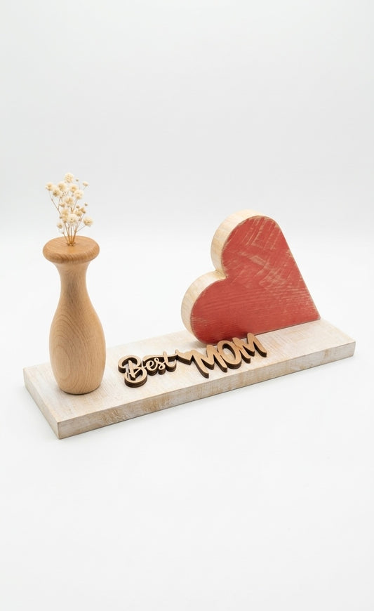 "Best Mom" Rustic Wooden Heart Decor with Candlestick Holder