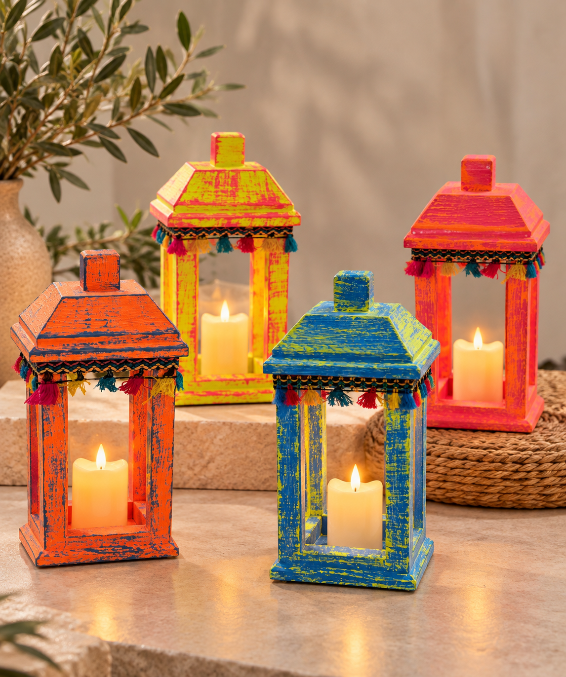 Joyful Heritage Lantern – Distressed  Wood Decor with Colorful Trim
