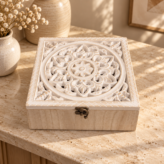 Ornate Carved Wooden Keepsake Box – White & Natural Wood