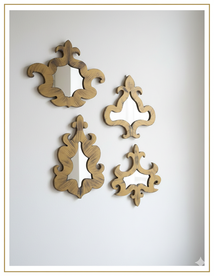 Artisan Fleur-de-Lis Mirror Set | Hand-Painted Vintage Gold & Grey