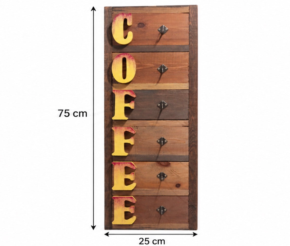 Rustic Wooden Coffee Wall Hanger with Hooks