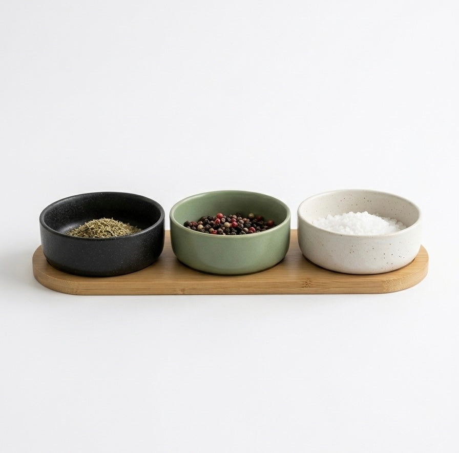 Modern Trio Ceramic Serving Set with Bamboo Tray