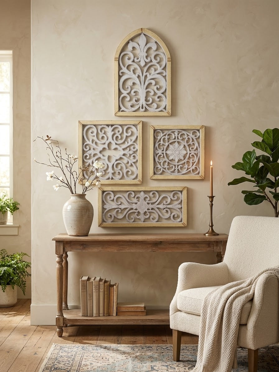 Hand-Carved Wooden Scrollwork Wall Art Set of 4