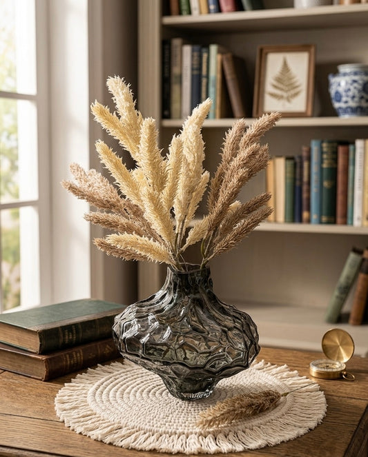 The Artisan Smoked Obsidian Vase with Natural Pampas Accents
