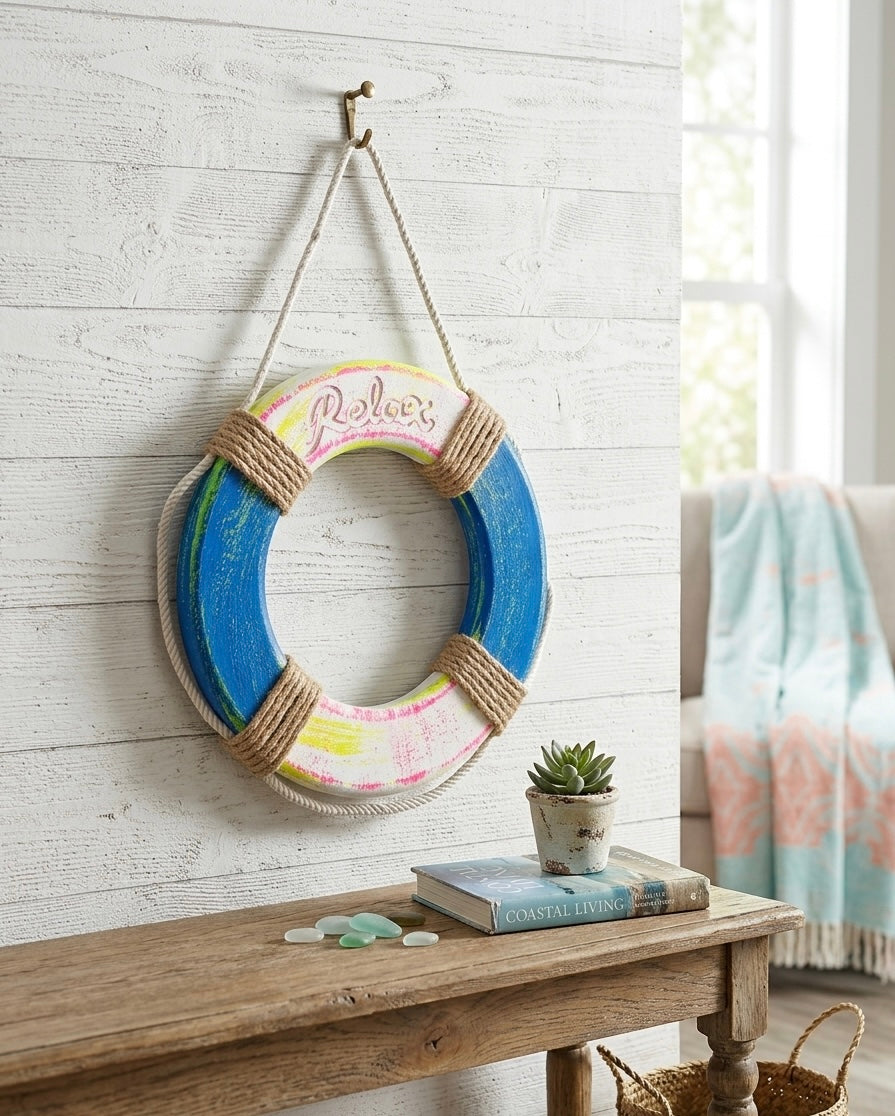 "Relax" Distressed Wooden Lifebuoy Wall Decor - 30 cm Coastal Wall Art