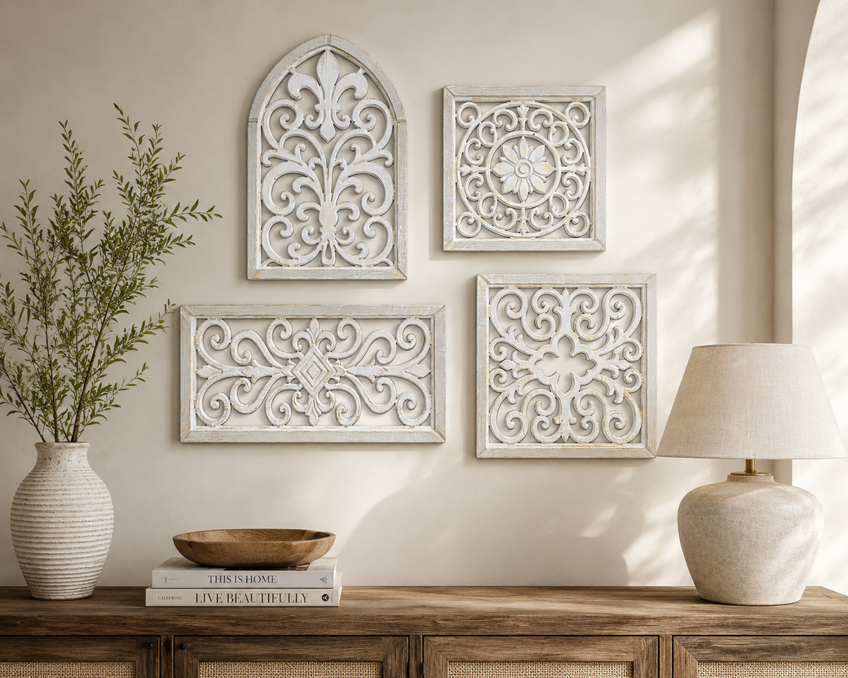 Hand-Carved Wooden Scrollwork Wall Art Set of 4