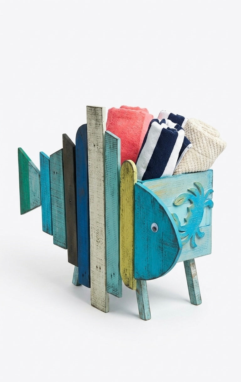 Handcrafted Wooden Fish Beach Towel Holder Basket