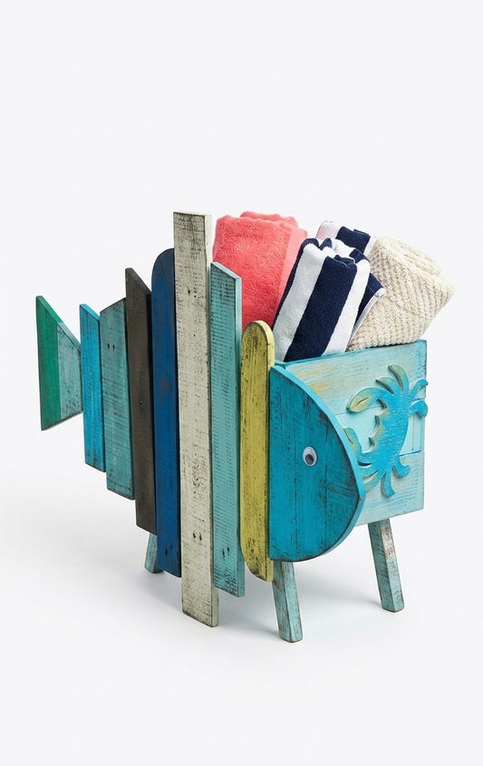 Handcrafted Wooden Fish Beach Towel Holder Basket