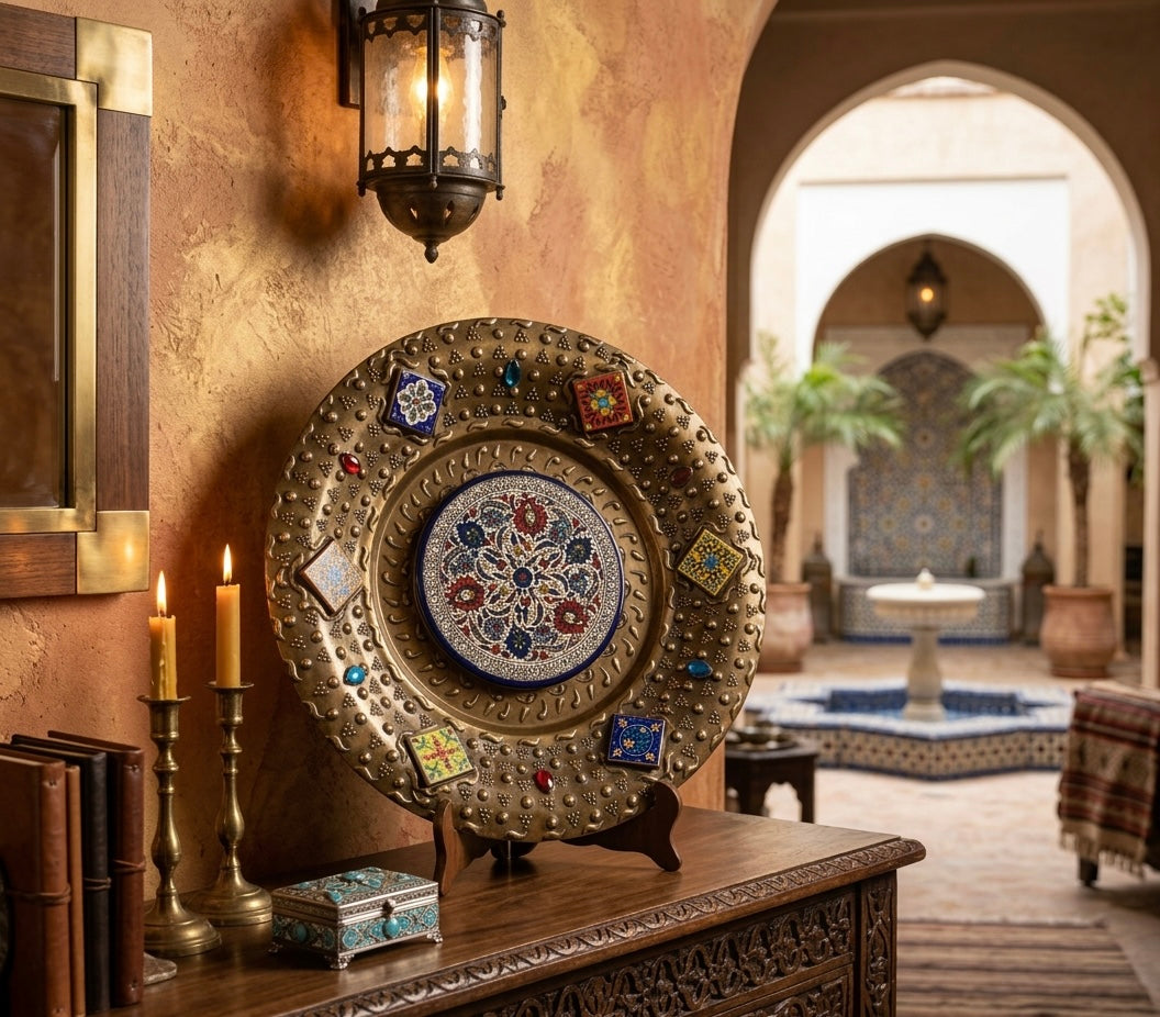 Handcrafted Copper Wall Plate with Mosaic Tiles and Gemstone Accents