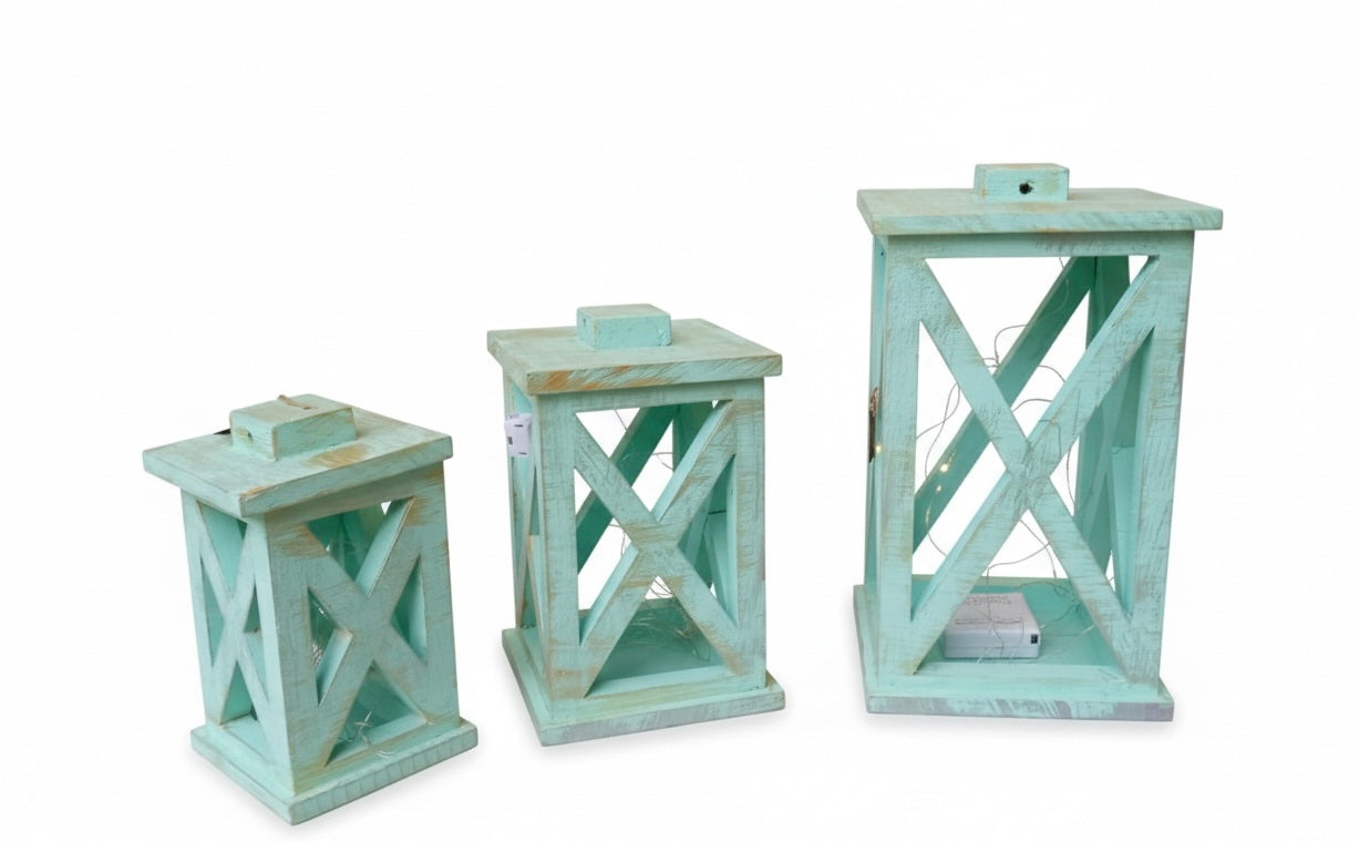 Hand-Finished Wooden Lantern Set with Fairy Lights