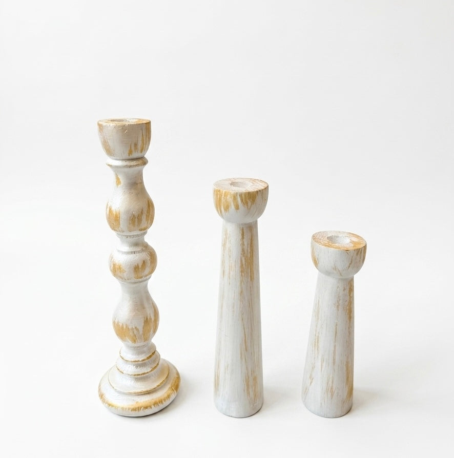 Hand-Turned Natural Pine Taper Candle Holders - Set of 3