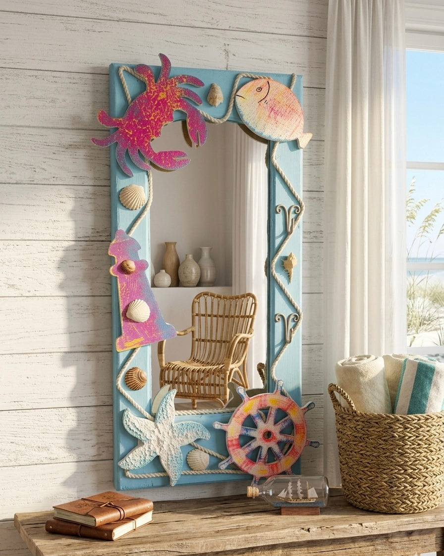 Coastal Breeze Nautical Mirror with Sea-Life Accents (70x35 cm)