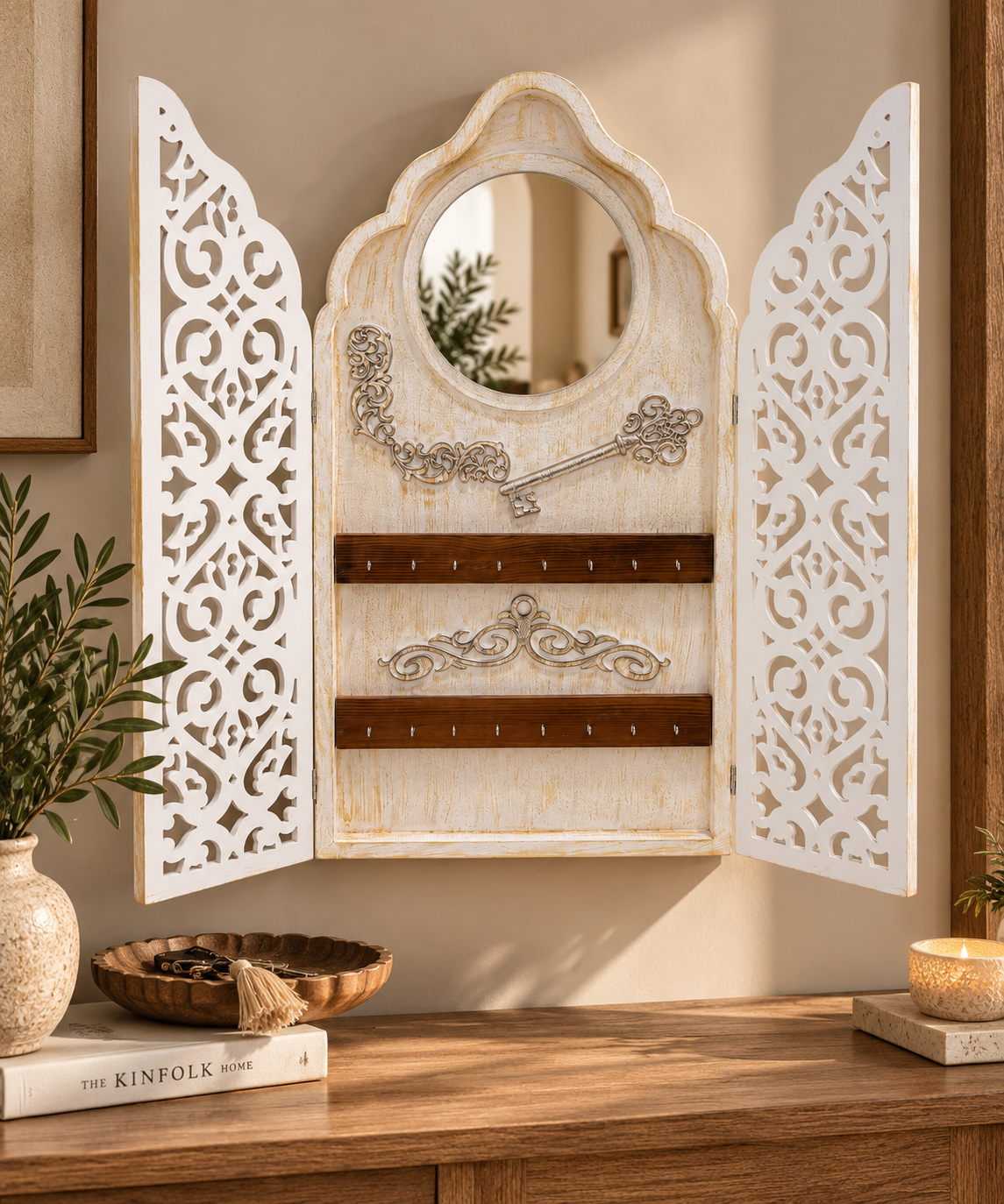 Ornate Mirror & Key Organizer Cabinet