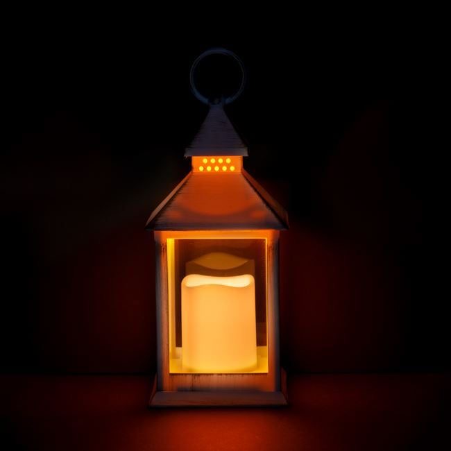 Artisan White & Grey Lantern with LED Candle