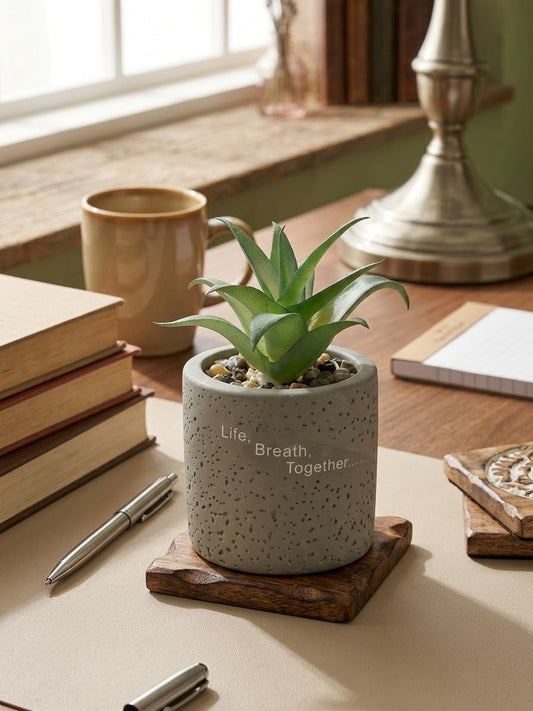 Miniature Faux Aloe Succulent in Engraved Concrete Pot - 'Life, Breath, Together' - 10cm