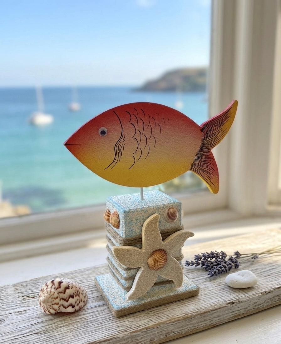 Handcrafted Coastal Fish Sculpture on Stand – Nautical Tabletop Accent