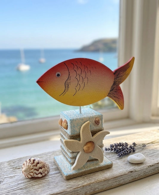 Handcrafted Coastal Fish Sculpture on Stand – Nautical Tabletop Accent