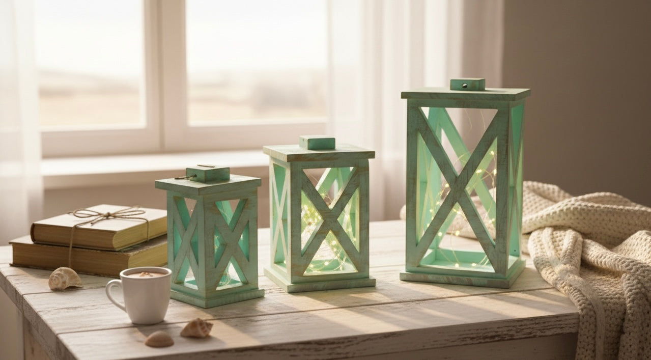 Hand-Finished Wooden Lantern Set with Fairy Lights