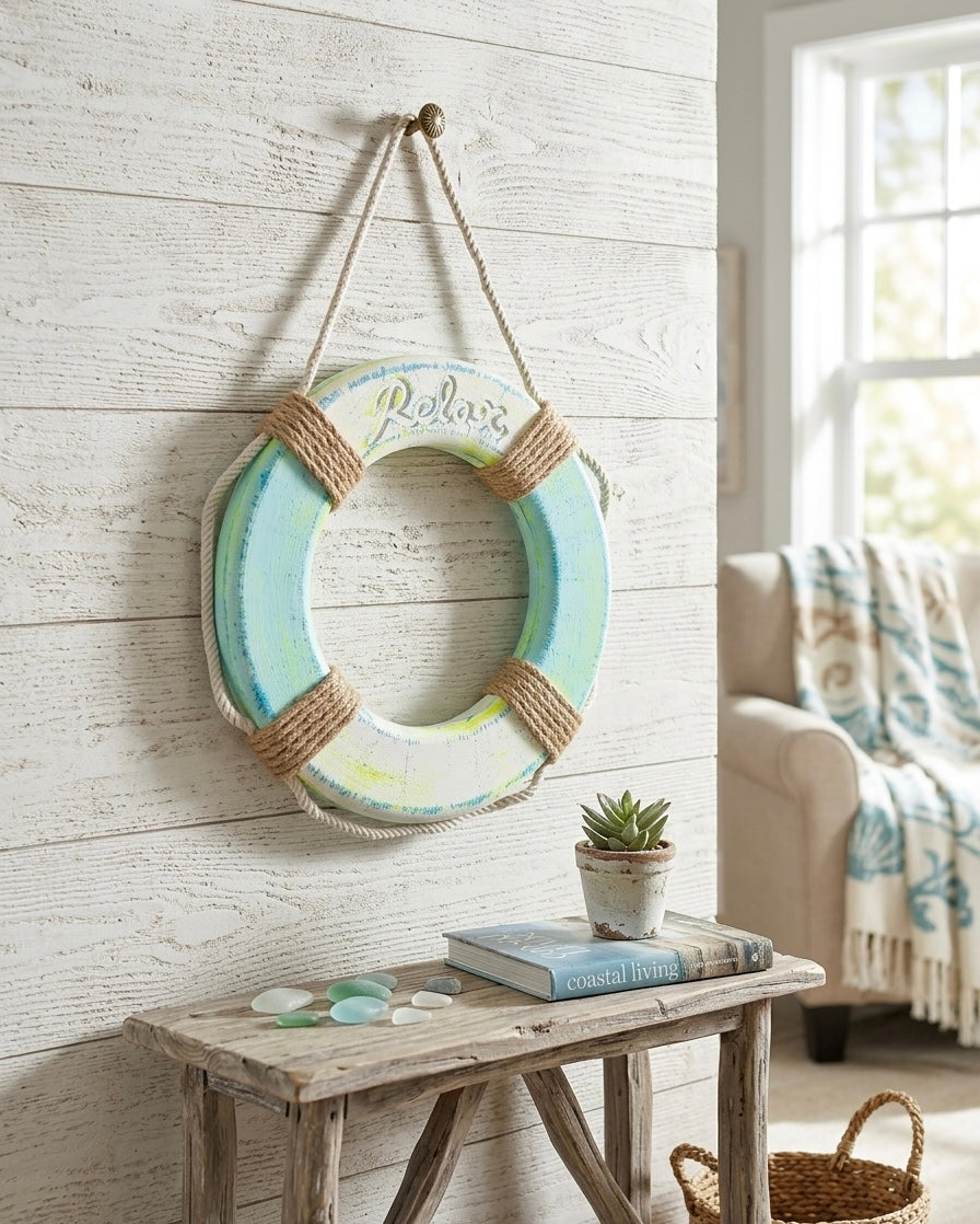 "Relax" Distressed Wooden Lifebuoy Wall Decor - 30 cm Coastal Wall Art