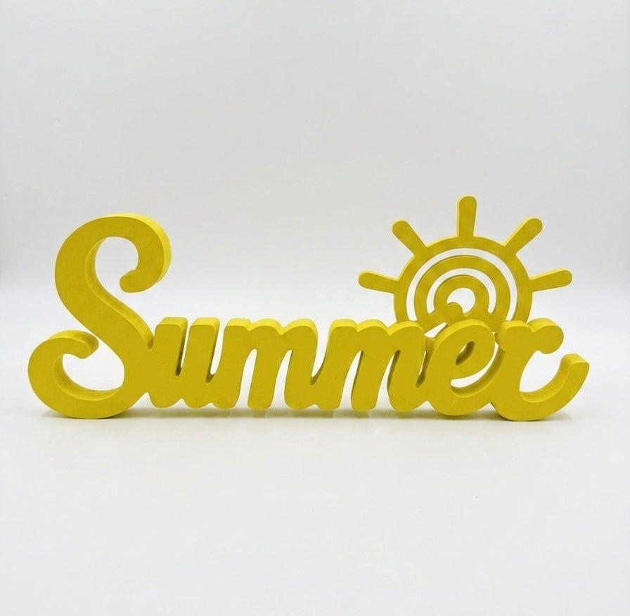 Freestanding "Summer" Script Tabletop Sign – Sun Motif Wood Cutout