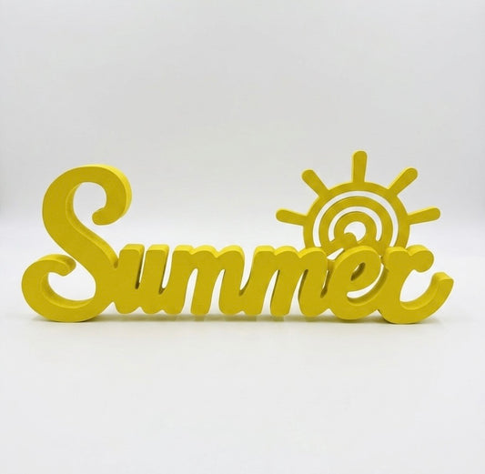Freestanding "Summer" Script Tabletop Sign – Sun Motif Wood Cutout