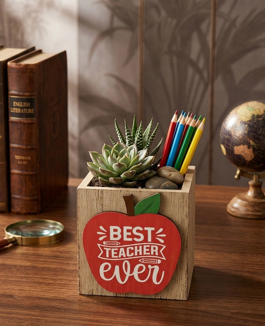 Handcrafted Wooden Apple Desk Organizer – "Best Teacher Ever" & "#1 Teacher" Designs