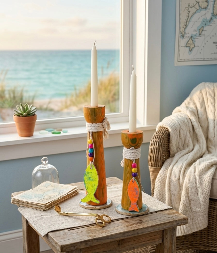 Artisan Handcrafted Pillar Candlesticks – Coastal Wood Design with Fish Accents, Pair
