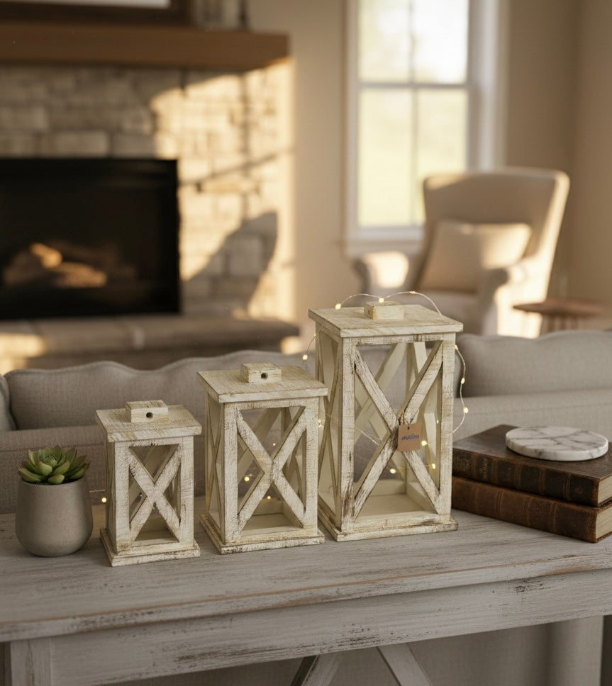 Hand-Finished Wooden Lantern Set with Fairy Lights