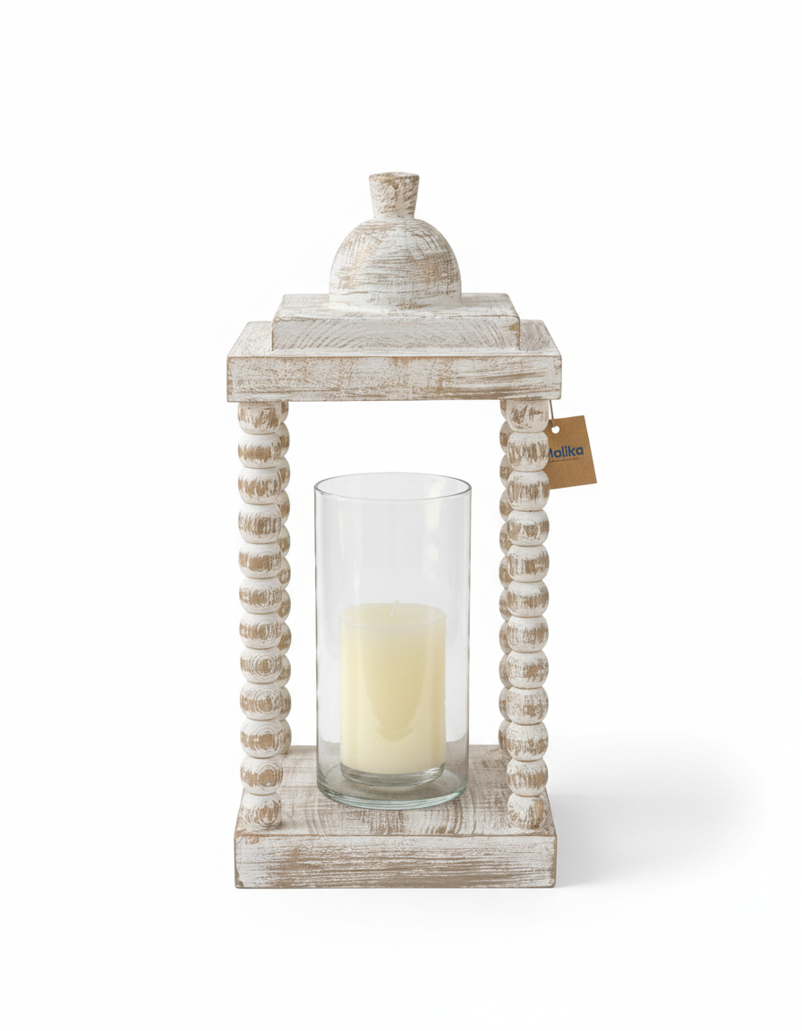 Distressed Elegance Beaded Wooden Lantern