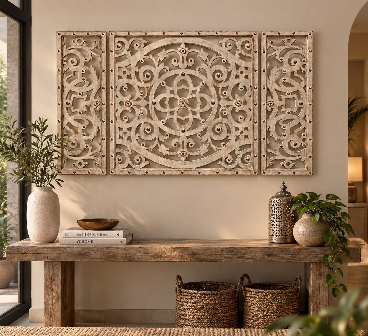 Grand Arabesque Hand-Carved Wooden Wall Art Trio (Set of 3)