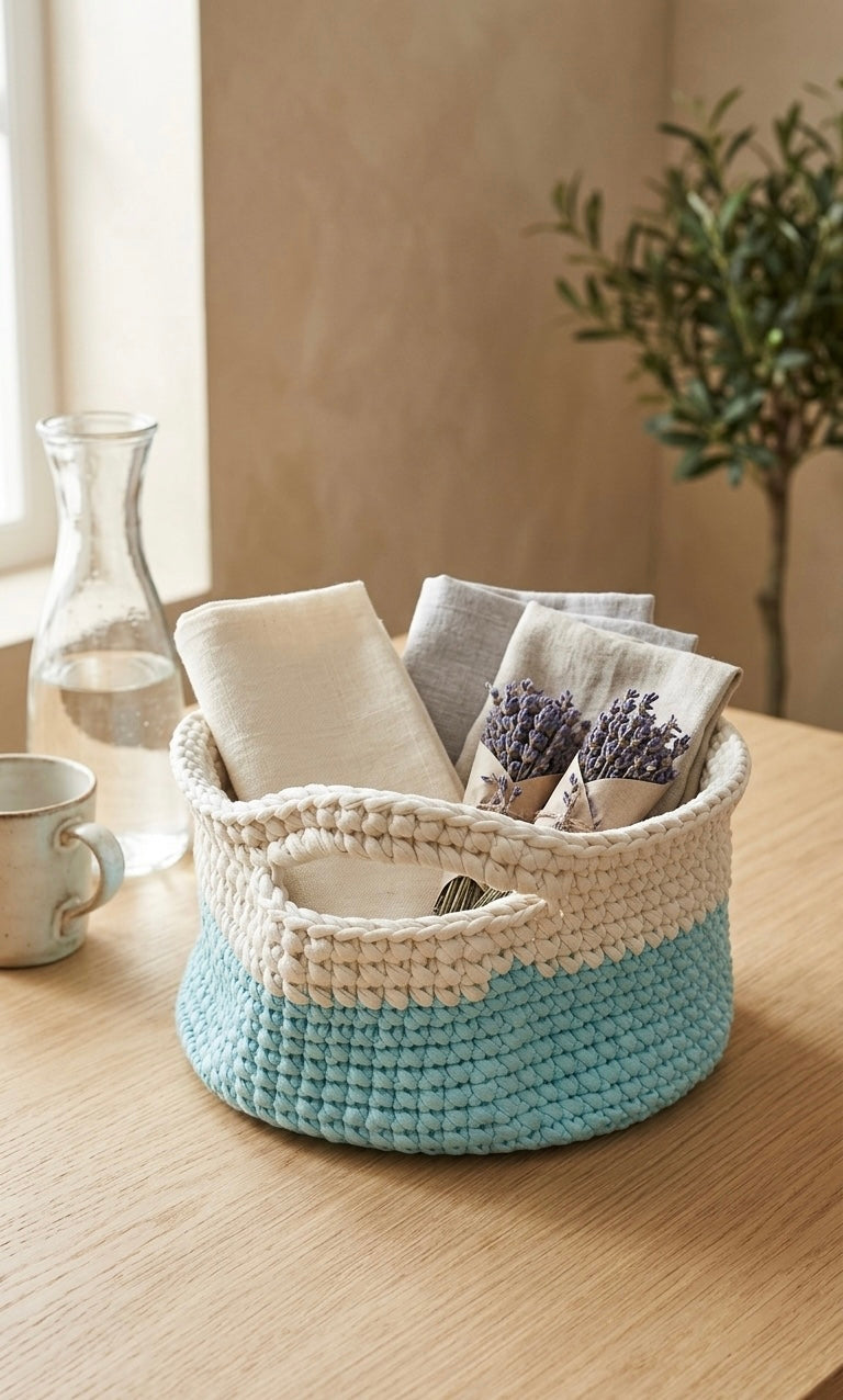Two-Tone Hand-Crocheted Storage Basket