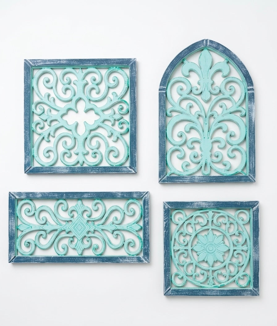 Hand-Carved Wooden Scrollwork Wall Art Set of 4